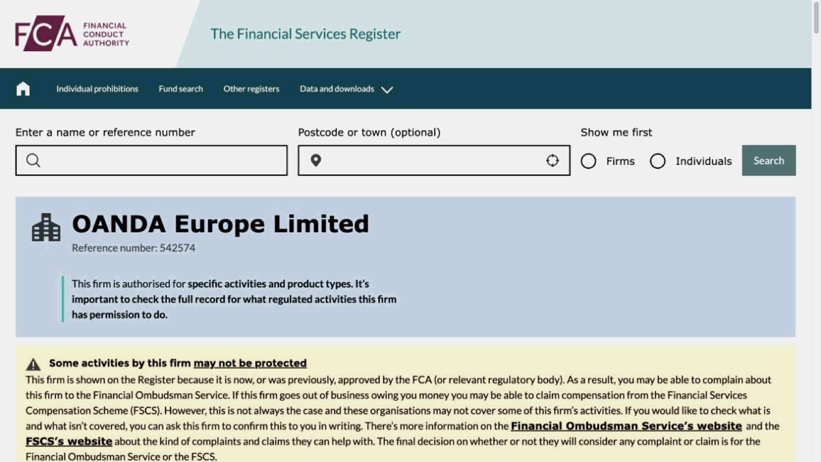 A search result on the Financial Services Register showing a firm and its reference number
